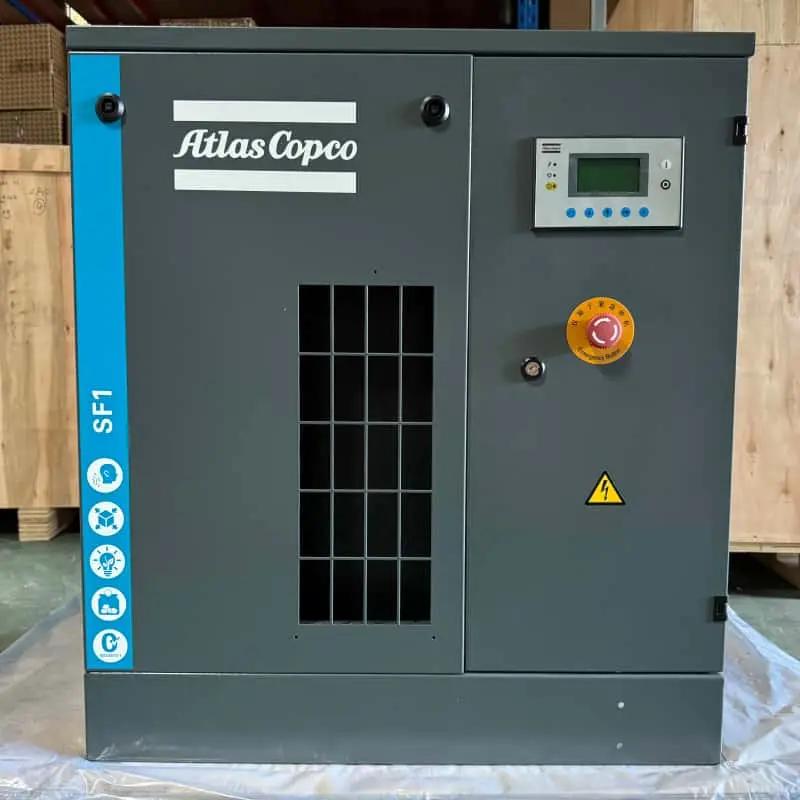 Bezolejowa sprężarka spiralna Atlas Copco SF1 o mocy 15 kW i mocy 2 KM, z certyfikatem klasy 0